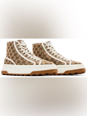 Gucci Brown GG Canvas High-Top Sneakers with White Trim